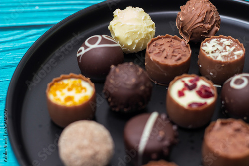 Variation of chocolate candies on a plate