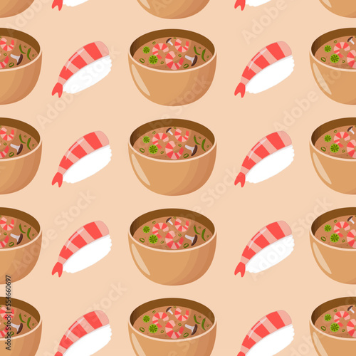Seamless pattern with tom yum soup and shrimp nigiri. Asian food. Flat style