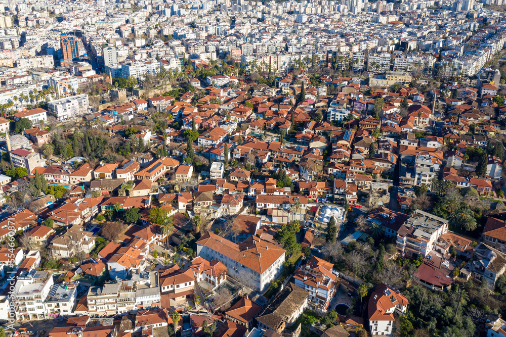 Birds eye view of Antalya Old Town (Kaleichi) on sunny winter day, Turkey.