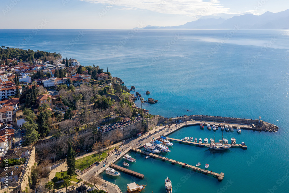 Aerial view of marina in  Antalya Old Town (Kaleichi) on sunny winter day. Turkey.