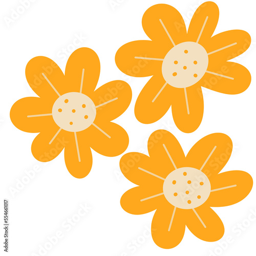 Hand drawn set of flat textured yellow flowers. Png illustration. Three cute flowers on white background.