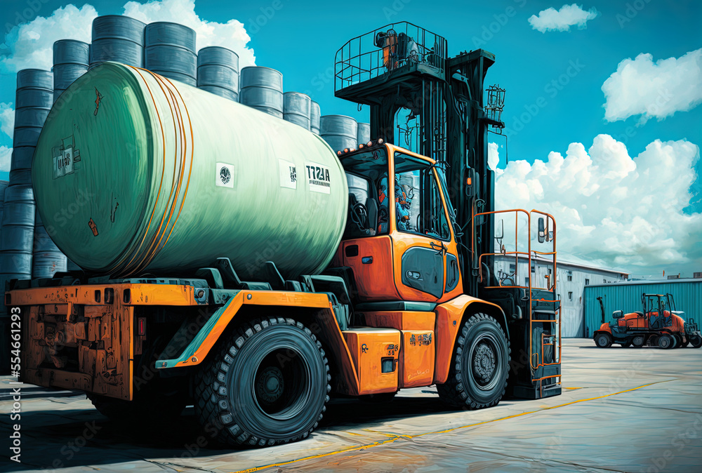 a forklift filling a cargo tank in a container cargo yard at a port; logistics service; forwarder mast. Generative AI a forklift filling a cargo tank in a container cargo yard at a port; logistics service; forwarder mast. Generative AI