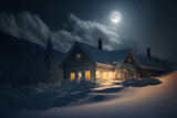 A house in winter at night. Generative AI