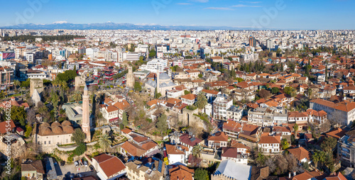 Panoramic aerial view of Antalya Old Town (Kaleichi) on sunny winter day, Turkey.