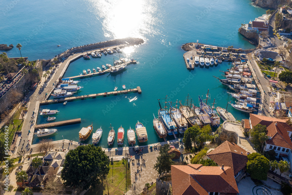 Aerial view of Antalya Old Town (Kaleichi) marina on sunny winter day. Turkey.