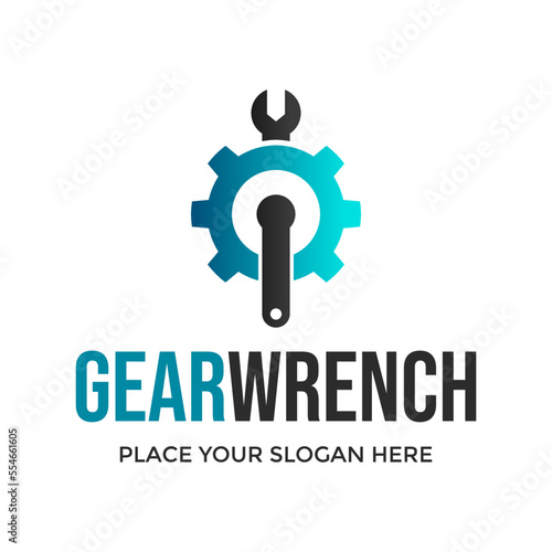 Gear wrench vector logo template. This design use cog symbol. Suitable for repair.
