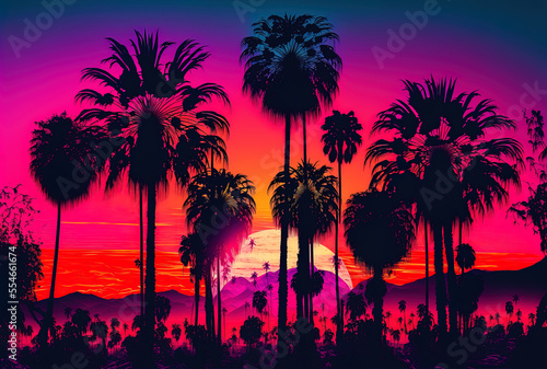 Sunset surreal woodland with palm trees stunning neon dream landscape. Generative AI