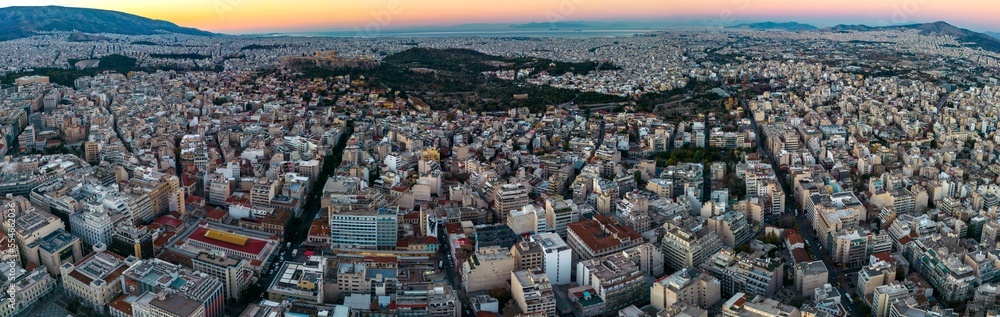 Aerial view around the capitol city Athens in Greece on an early sunny morning in fall.