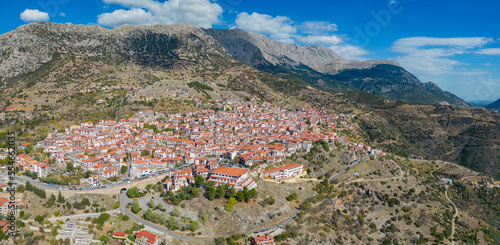 Aerial view around the mountains and the village of Arachova in Greece on a sunny day in autumn