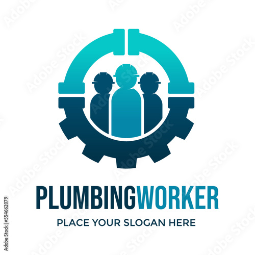 Plumbing gear with worker vector logo template. This design use human symbol.