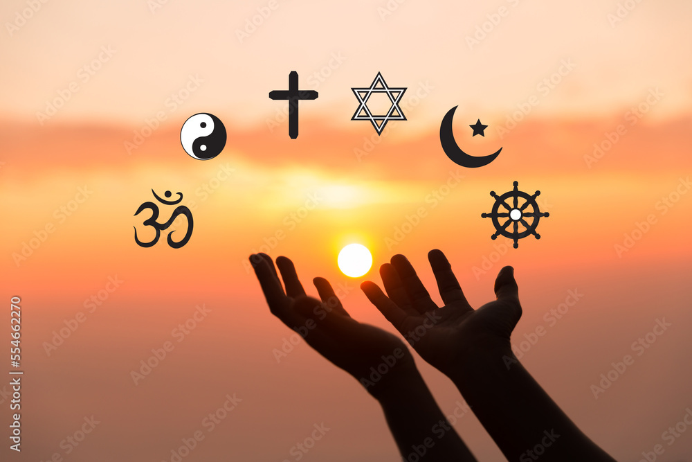 Religious symbols. Christianity cross, Islam crescent, Buddhism dharma wheel, Hinduism aum, Judaism David star, Taoism yin yang, world religion concept. Prophets of all religions bring peace to world. - obrazy, fototapety, plakaty 