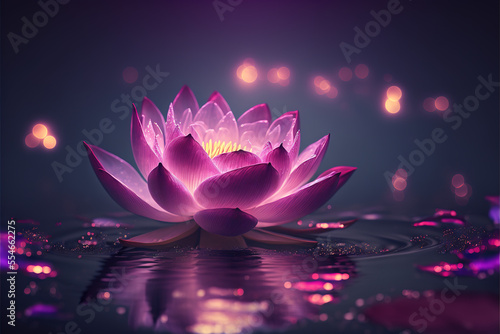 Pink and purple floating lotus flower in pond, blurred bokeh background. Nature copy space concept