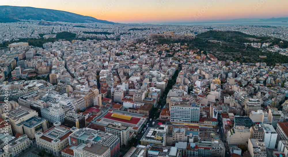 Aerial view of the city Athens in Greece on an early sunny morning in autumn.	