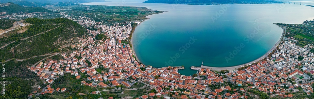 Aerial view around the city Nafpaktos in Greece on a sunny day.	