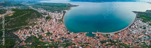 Aerial view around the city Nafpaktos in Greece on a sunny day. 