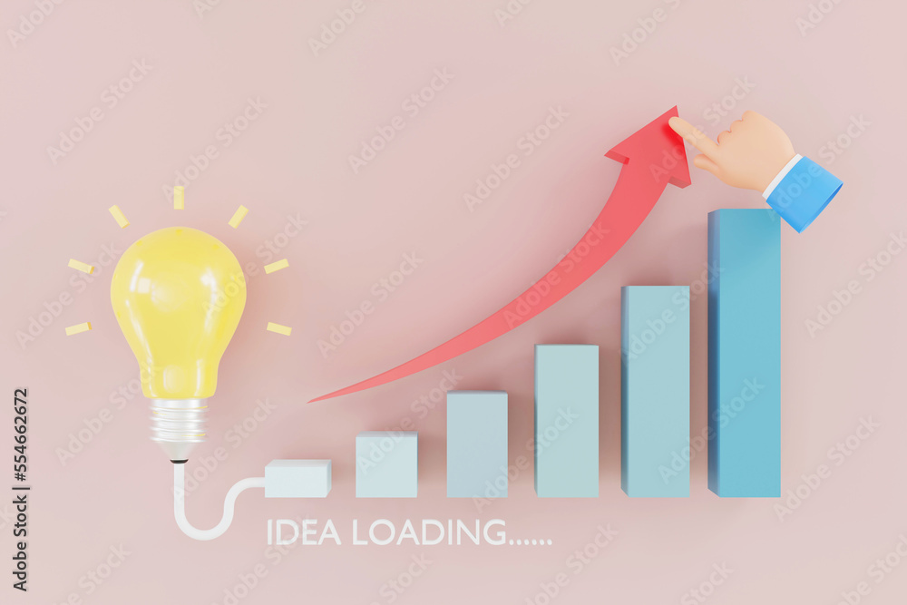 Light bulb icon loading energy idea concept, Bar charts growing columns on yellow background, 3D rendering illustration Light bulb icon loading energy idea concept, Bar charts growing columns on yellow background, 3D rendering illustration