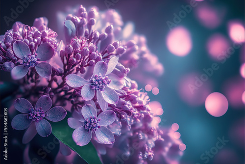 Beautiful Lilac flowers with drops of water, Light leaks bokeh Background. Copy space nature background concept © Ron