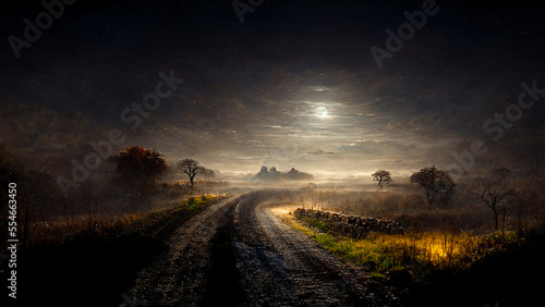 Landscape of countryside road in dark night. 3D illustration.