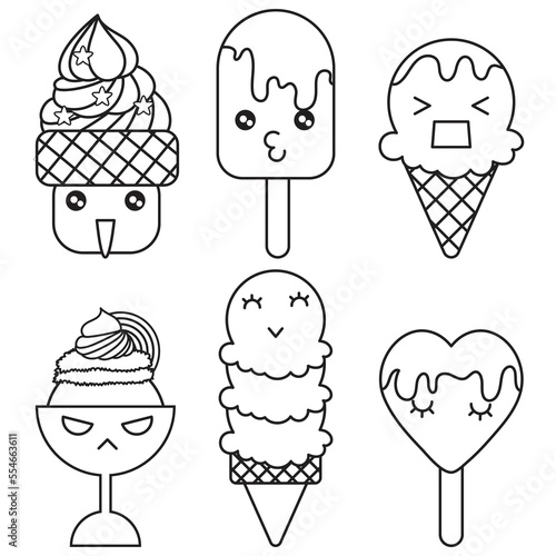 Cute ice cream with emotion face outline for coloring book or anything.