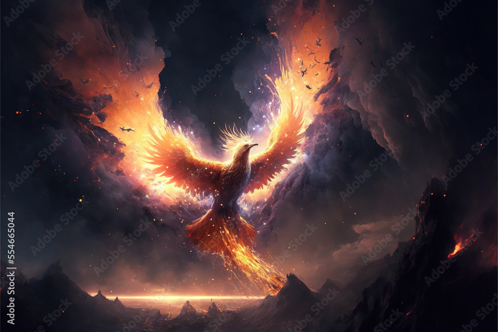 Flying Phoenix mythical creature burst into flames created with Generative AI technology