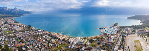 Panoramic aerial view of Kemer and Mediterranean Sea on winter day, Turkey.