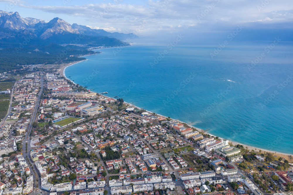 Aerial view of Kemer and Mediterranean Sea on cloudy winter day, Turkey. Aerial view of Kemer and Mediterranean Sea on cloudy winter day, Turkey.