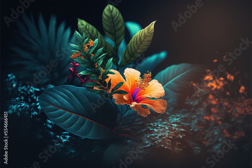 Colorful flower on dark tropical foliage nature background. Dark and Moody feel. Autumn flowers