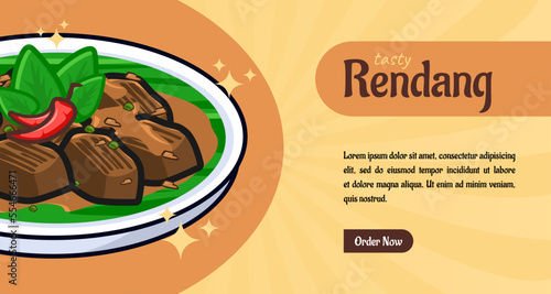 banner template rendang food Indonesian dish vector cartoon