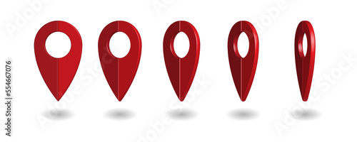 3d map pins. Location point vector shapes on white for maps and navigation applications, red geolocation markers, place marker icons, mapping symbols and travelers interests photo