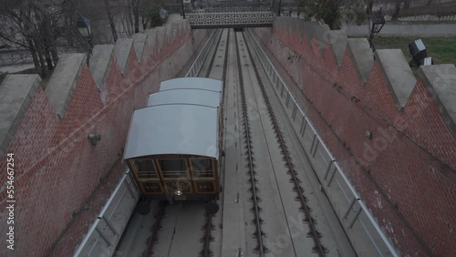 Cable Car on the Castle Hill. Budapest, Hungary. Funicular train going to Buda Castle Hill. Budapest cableway railway. Tourist transportation in Budapest. 