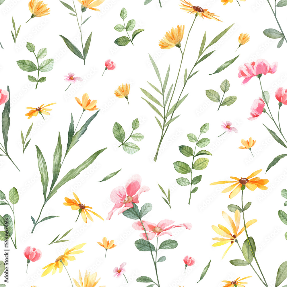 Cute floral seamless pattern for textile, fabric and wrapping paper designs. Watercolor hand painted botany wild flowers with fresh green leaves Cute floral seamless pattern for textile, fabric and wrapping paper designs. Watercolor hand painted botany wild flowers with fresh green leaves