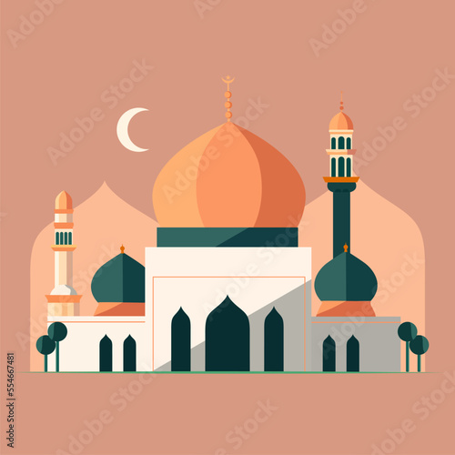Flat style Muslim mosque isolated on white background.Vector illustration cartoon design.Beautiful muslim temple icon illustration.Eid Mubarak greetings.Ramadan Kareem.