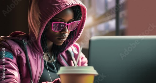 Realistic 3d render illustration. A female hacker works on her laptop in a coffee shop. Hight definition rendering character. Travelling on geek girl. Motion timelapse focus on a woman's coding.