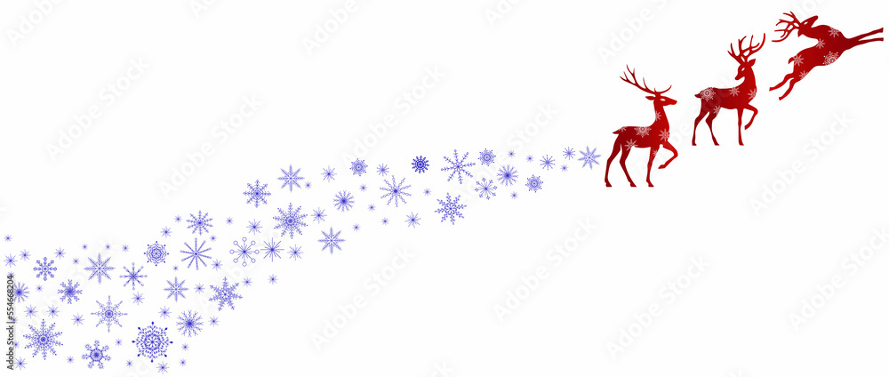 New Year and Christmas background with Santa's deer rising and snowflakes flying. With space for text. Festive background, greetings, for invitations, for blog, for stories
