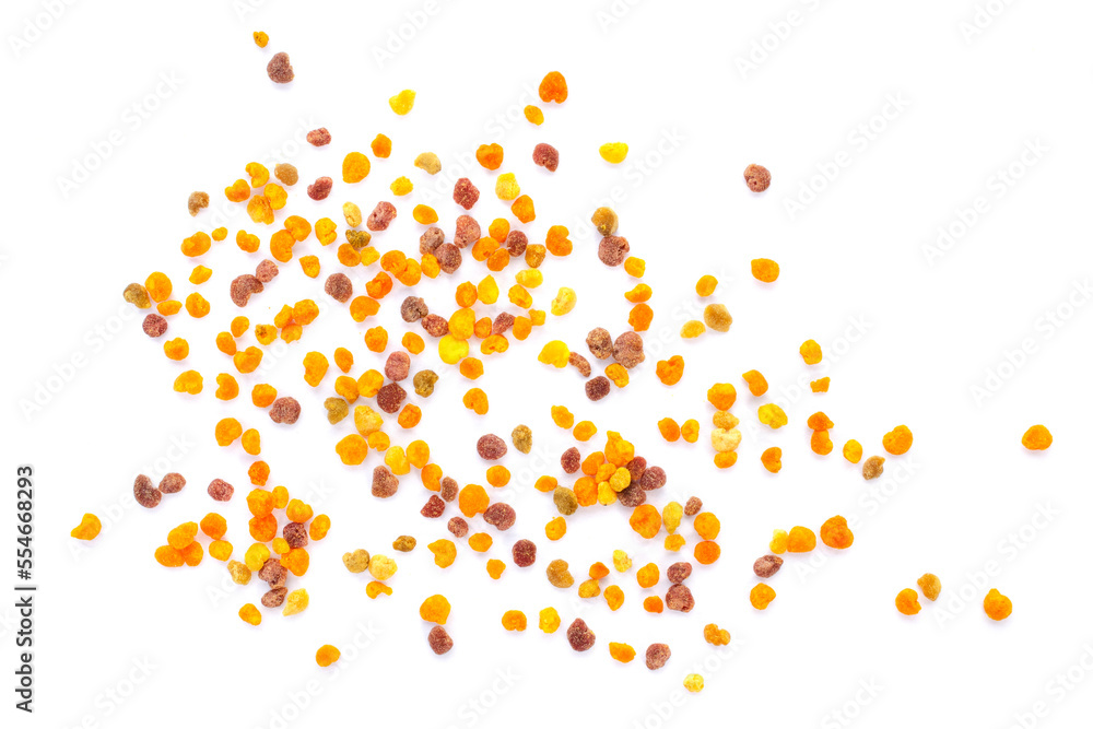 Bee pollen grains isolated on white background, top view. Pile of bee pollen isolated on white background, top view. Multicolored bee pollen isolated on white background, top view.