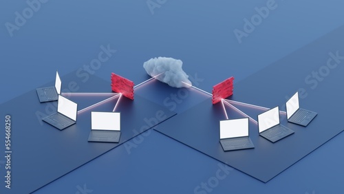 3d rendering, network diagram of connections between locations, diagram of vpn networks connecting computers from different locations, connection of company headquarters
