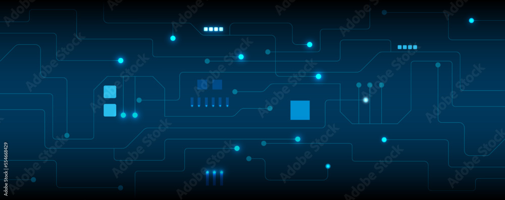 Blue circuit electronic or electrical line with circle glow light engineering technology concept vector background Blue circuit electronic or electrical line with circle glow light engineering technology concept vector background