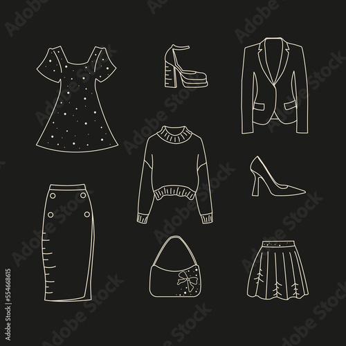 doodle clothing set  for clothing store  poster design  pattern for banner with white lines on black
