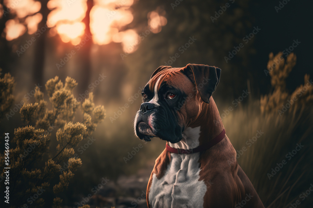 Boxer dog portrait in nature. Concept of animal life, care, health and pets. AI