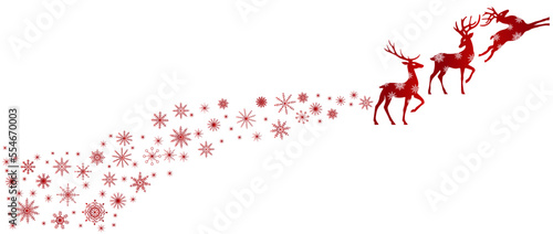 New Year and Christmas background with Santa's deer rising and snowflakes flying. With space for text. Festive background, greetings, for invitations, for blog, for stories