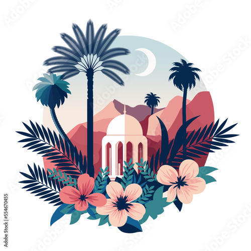 Flat style Muslim mosque in garden on white background.Vector illustration cartoon design.Beautiful muslim temple icon illustration.Eid Mubarak greetings.Ramadan Kareem.
