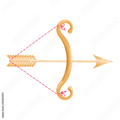 Golden bow 3d with a stretched string and a loaded golden arrow isolated on a white background. Cartoon yellow bow with arrow. Vector illustration.