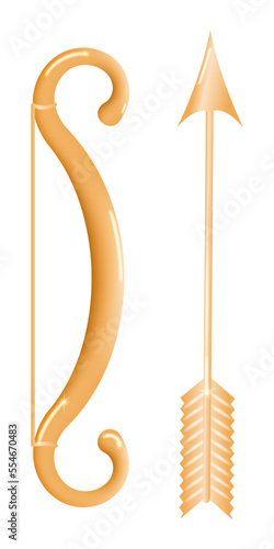 Weapon for shooting arrows, typically made of a curved piece of wood whose ends are joined by a taut string. Cartoon bow with arrow isolated on white background.Vector.