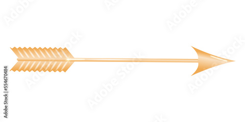 Golden arrow 3d. Shaft sharpened at the front and with feathers or vanes at the back, shot from a bow as a weapon or for sport. Vector illustration.