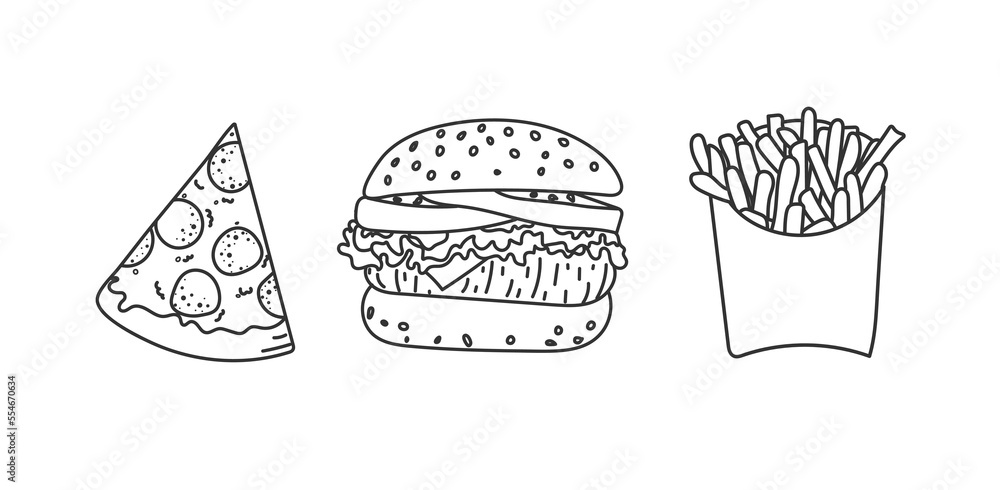 fast food set doodle with black lines. collection for food store, poster, banner