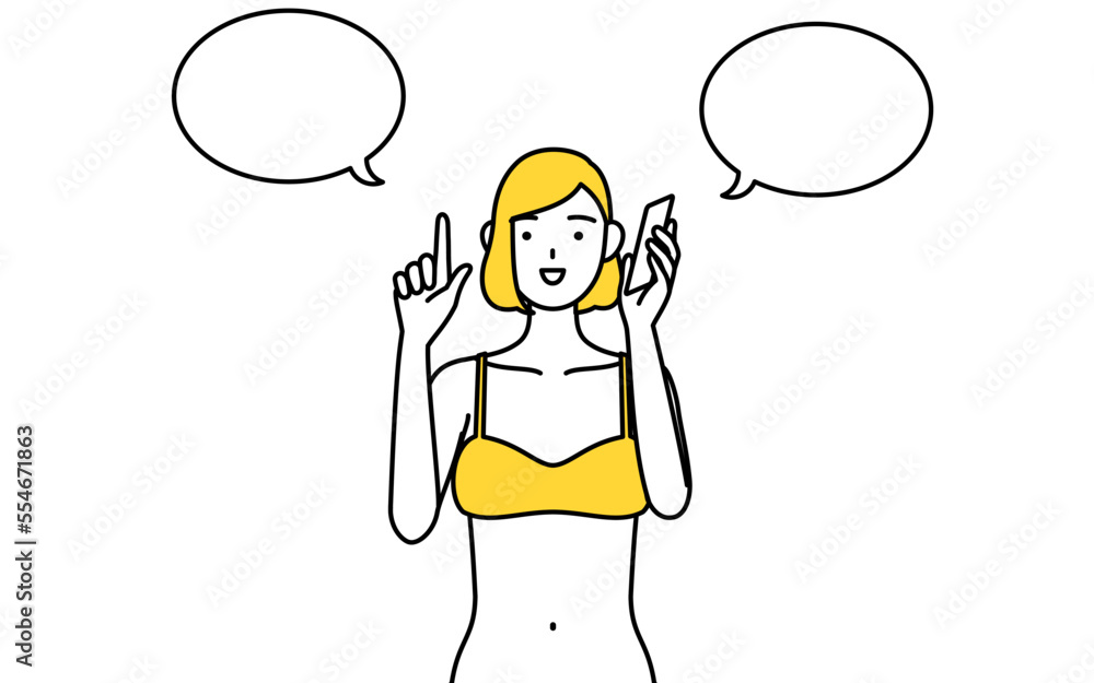 電話をしながら指さしをする下着姿の女性、脱毛やエステサロンのイメージ 電話をしながら指さしをする下着姿の女性、脱毛やエステサロンのイメージ