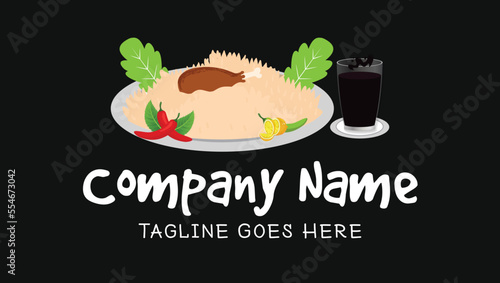 Rice Chicken Leg Piece Biryani with Cold Drink Traditional Asian Food Vector Illustration Logo