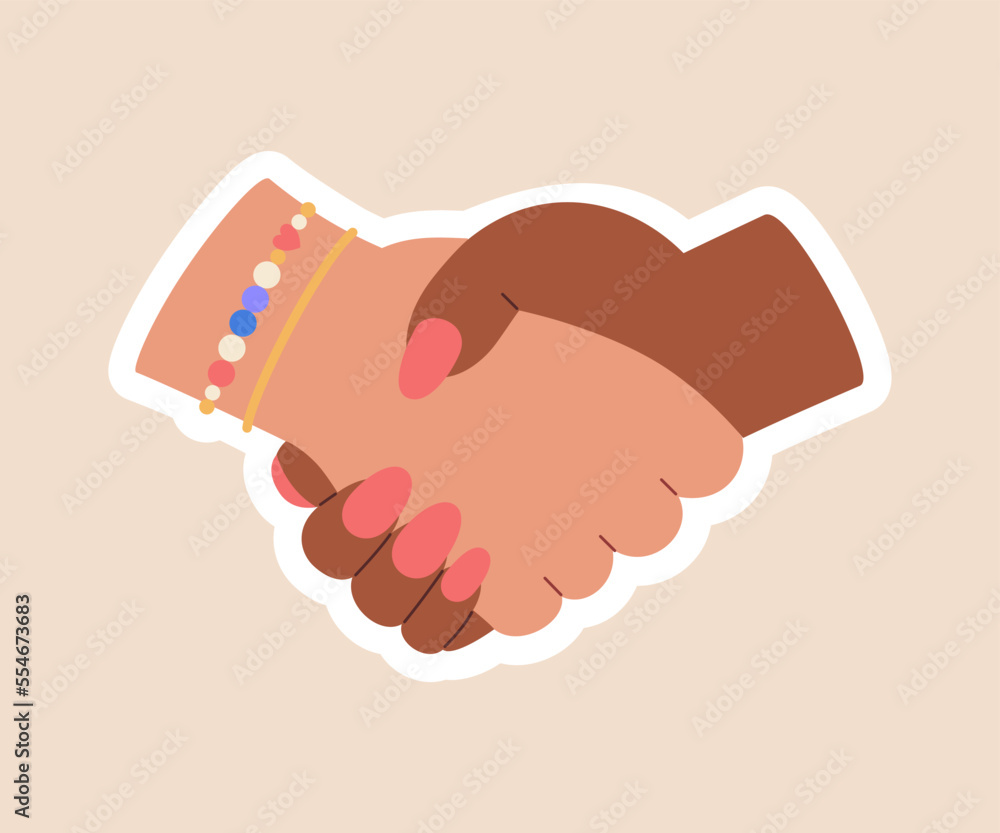 Female handshake. Feminist sticker. Women friendship and partnership concept. Hand drawn vector illustration isolated on yellow background. Modern flat cartoon style Female handshake. Feminist sticker. Women friendship and partnership concept. Hand drawn vector illustration isolated on yellow background. Modern flat cartoon style