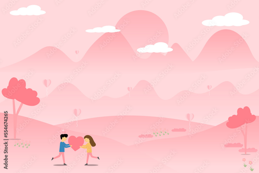 Vector illustration couple and lover pink mountain and flower background landscape valentine cocnept