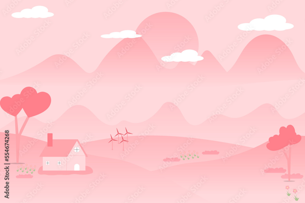 Vector illustration balloon heart with the lover pink mountain and flower background landscape valentine cocnept